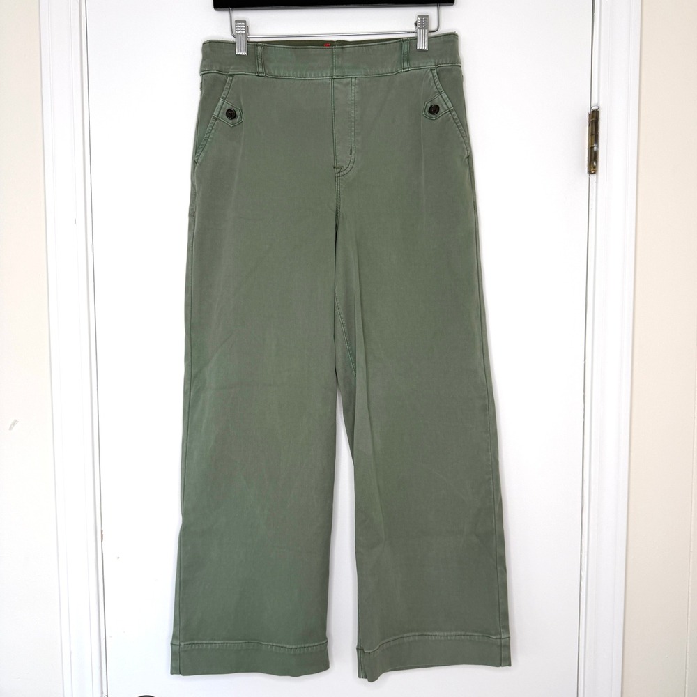 Spanx Stretch Twill Wide Leg Crop Pants Olive Green Size Large High Rise